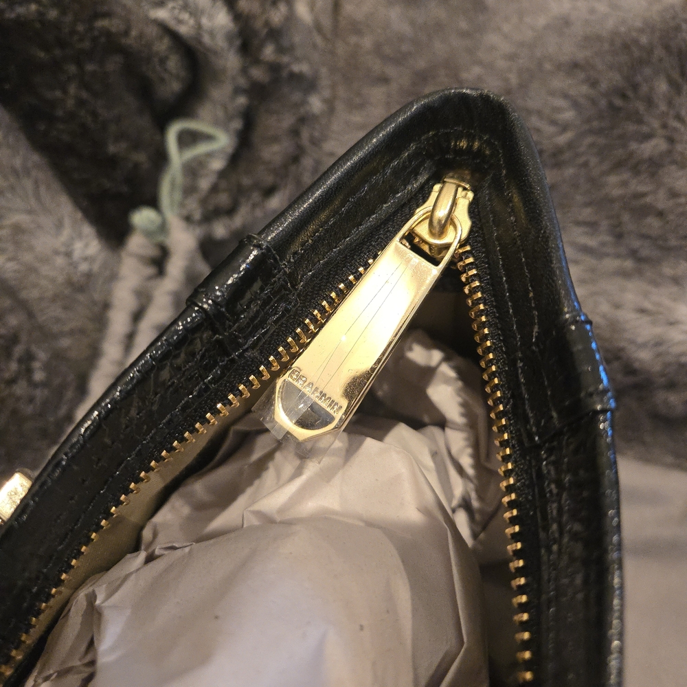 Brahmin Arno Black and Cream Croc-Embossed Leather Tote with Tan Handles - Picture 3 of 4